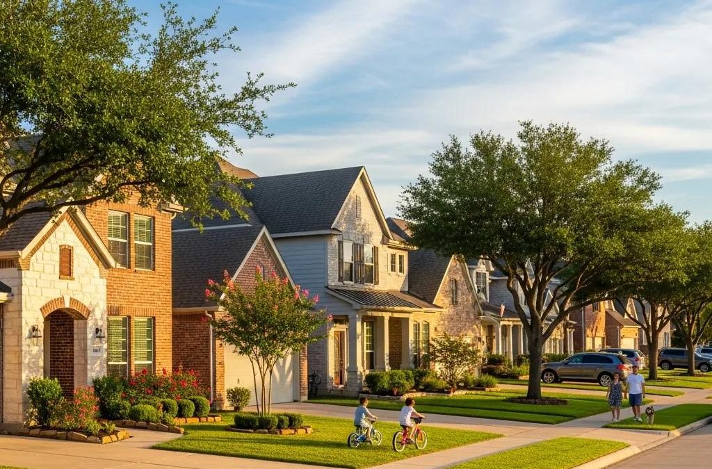 Charming suburban neighborhood in Katy, TX, featuring beautiful homes, lush greenery, and families enjoying outdoor activities.