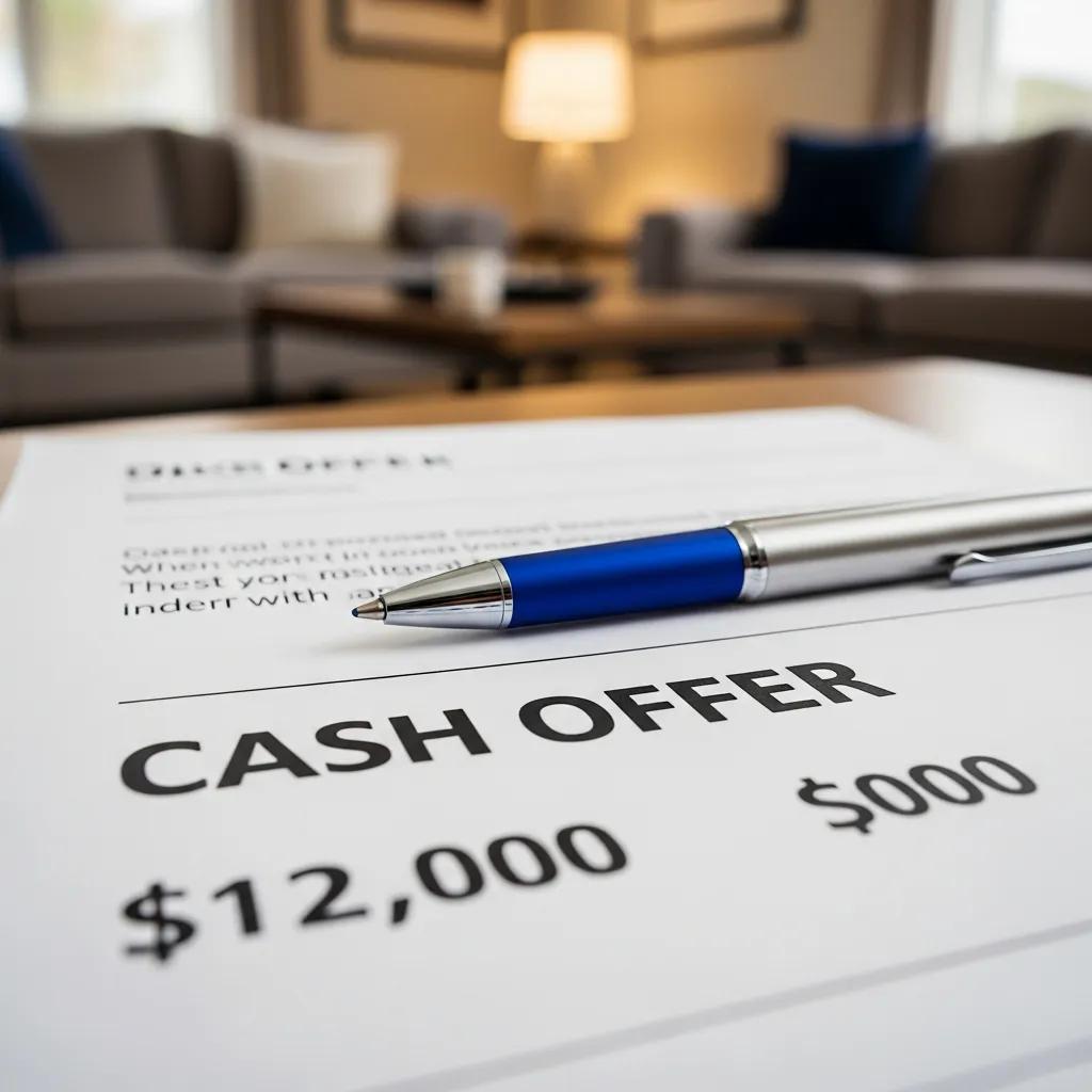 Close-up of a cash offer document with the title "CASH OFFER" and a highlighted amount of ,000, symbolizing the quick sale process for homeowners in Houston, as promoted by Bexley Realty Group.