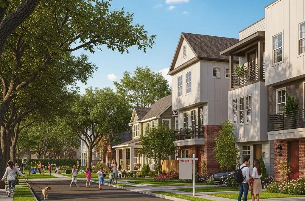 Colorful Houston neighborhood featuring diverse homes, families walking, children playing, and lush greenery, highlighting community life in Katy, TX.