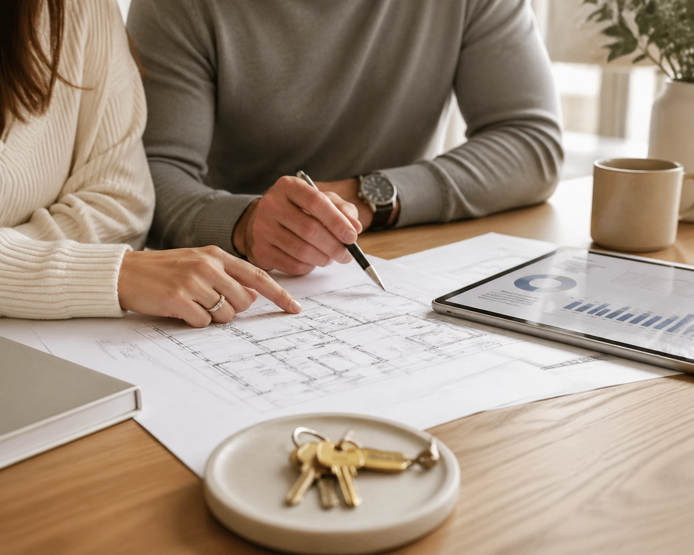 Homebuyers reviewing financial charts and blueprints for a strategic mortgage planning session.
