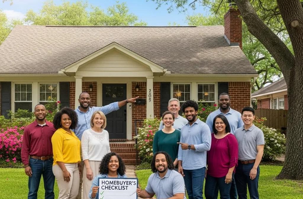 Diverse group of first-time homebuyers celebrating in front of their new Houston home, holding a homebuyer's checklist, with a welcoming atmosphere and vibrant garden.
