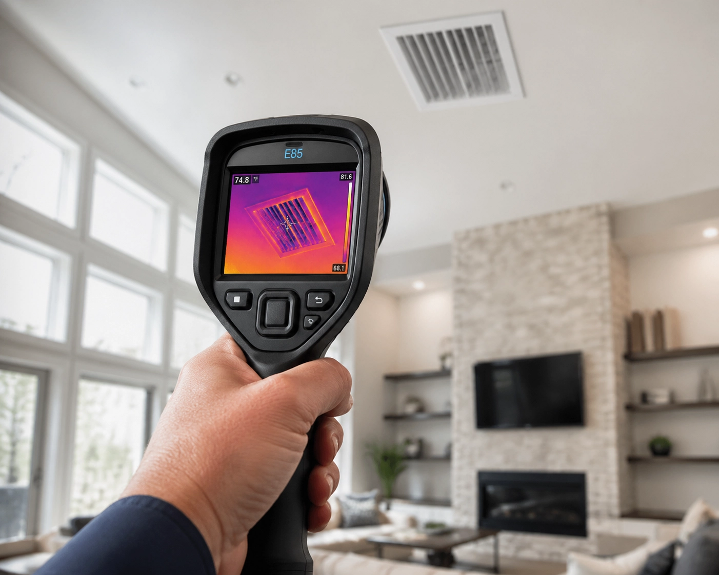Home inspector checking an HVAC system vent during a professional Houston property inspection.