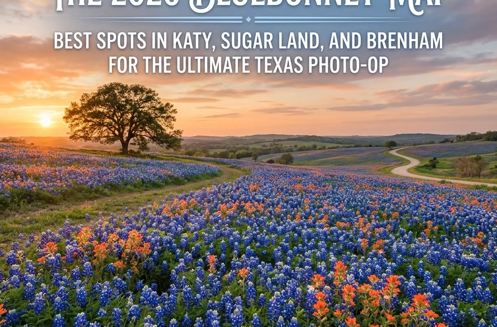 Field of bluebonnets and wildflowers at sunset, with winding path and tree, promoting the 2026 Bluebonnet Map for ideal photo opportunities in Katy, Sugar Land, and Brenham.