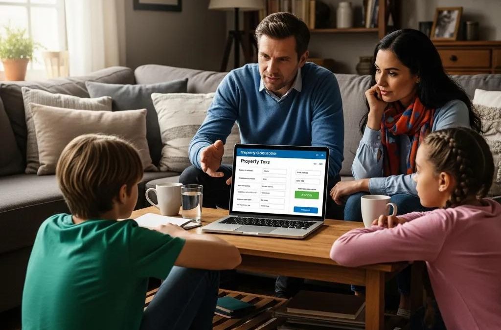 Family discussing property taxes in a cozy living room, reviewing a laptop displaying property tax information, emphasizing homeownership insights for Houston buyers.