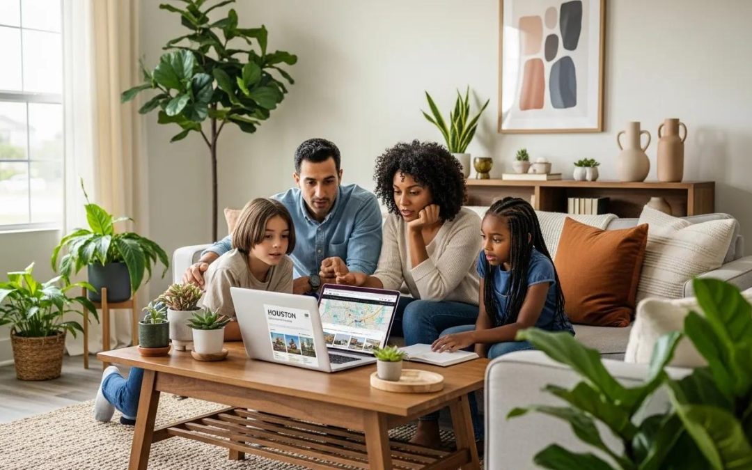Family discussing renting vs buying a home in Houston in a cozy living room