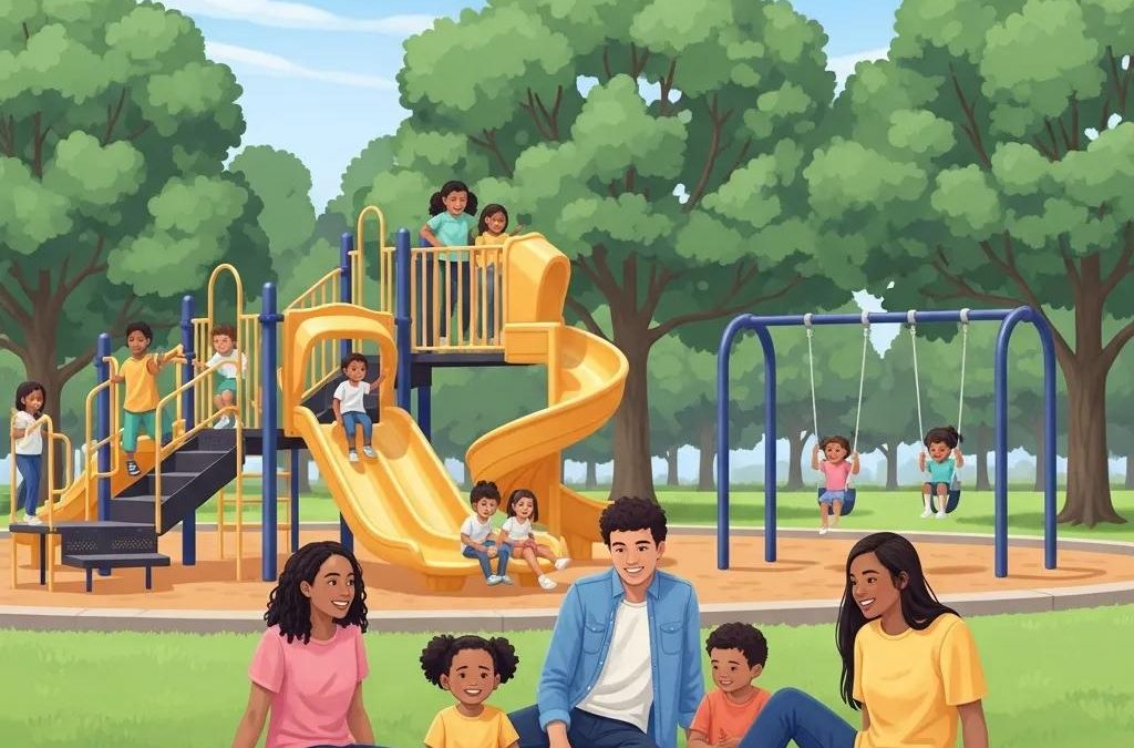 Family enjoying a sunny day at a Houston neighborhood park, featuring children playing on a playground with slides and swings, highlighting a community-oriented and family-friendly environment.