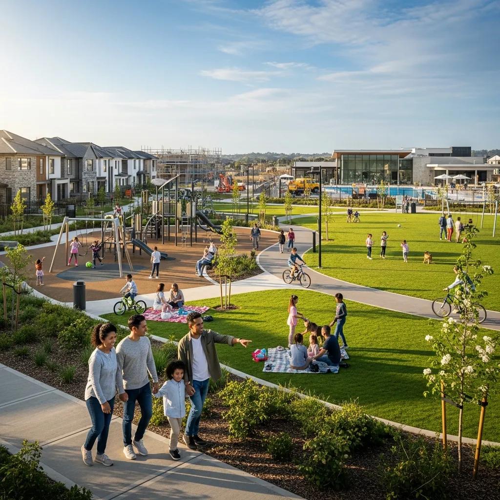 Family exploring a suburban neighborhood with new developments, emphasizing investment opportunities