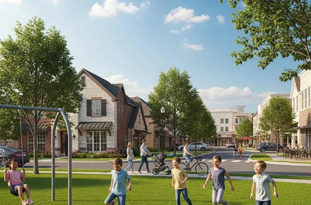 Family-friendly neighborhood in Katy, TX, featuring children playing in a park, residential homes, and walking paths, showcasing suburban charm and community life.