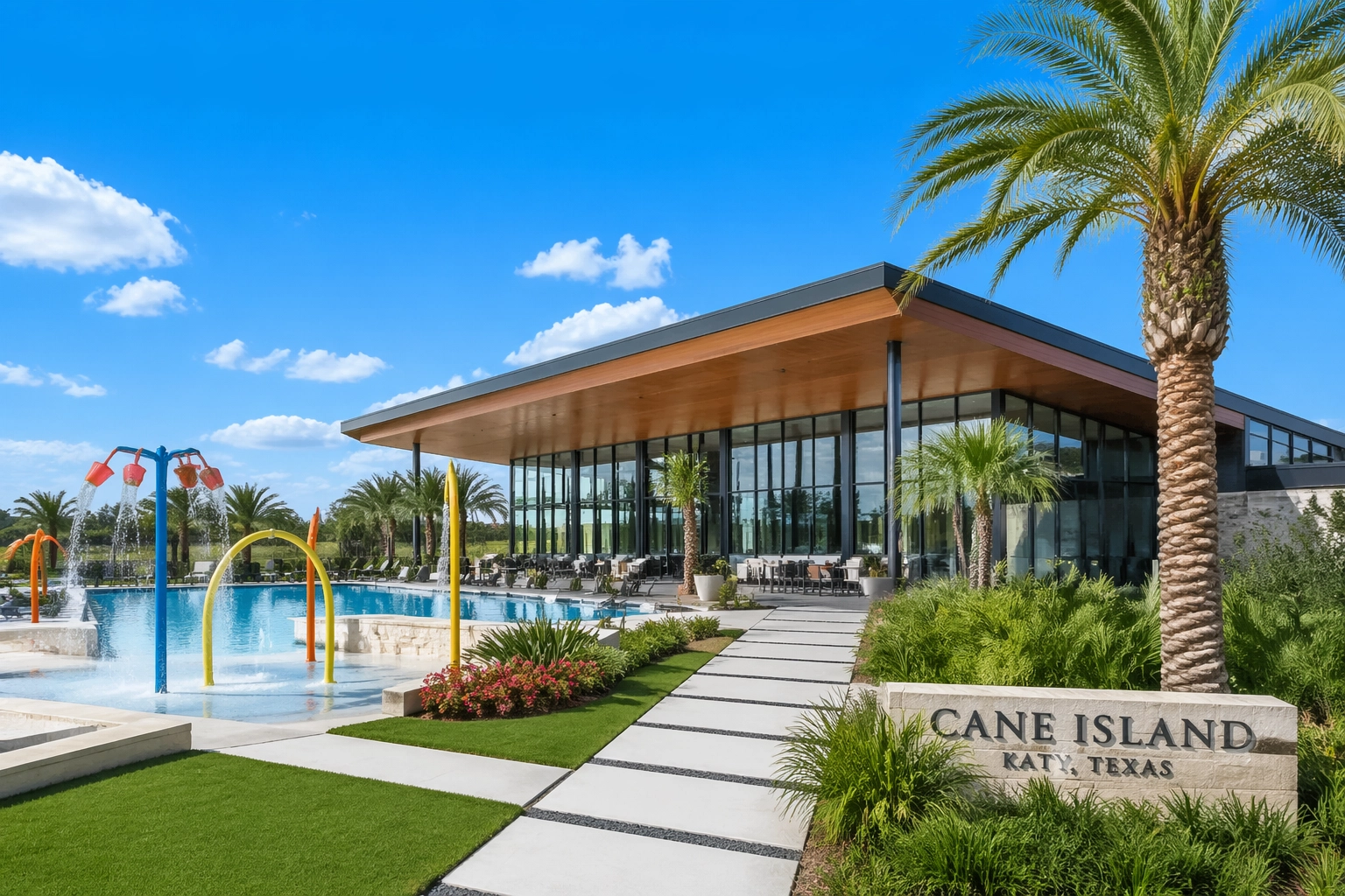 Modern amenity center with pool and pavilion in Katy, Texas luxury master-planned community.