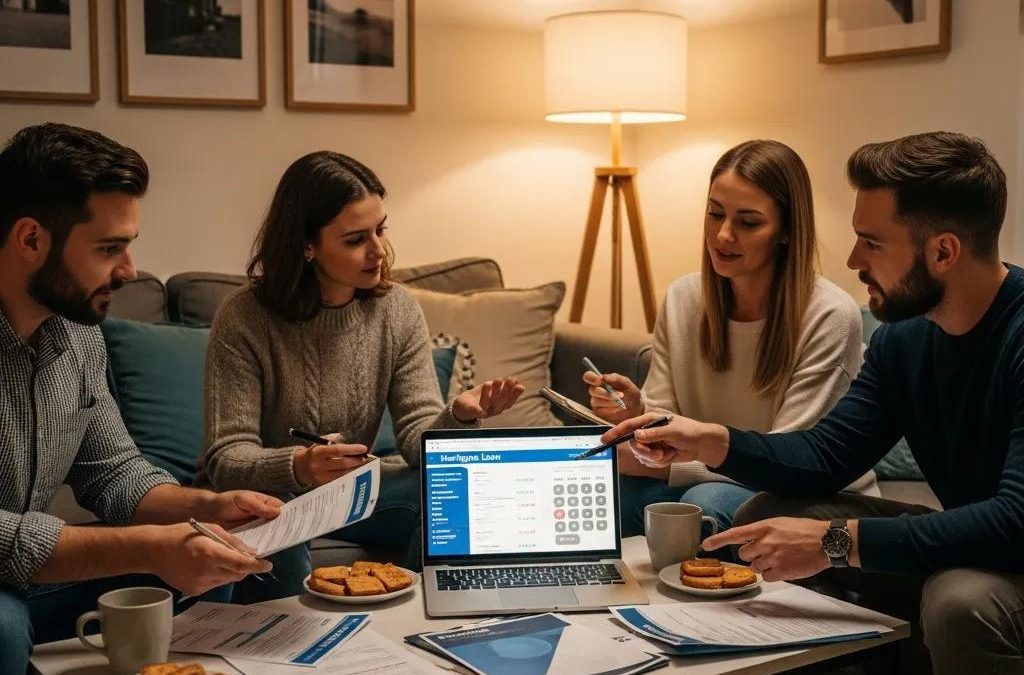 Group discussing home loan options with documents and laptop in a cozy living room setting, emphasizing mortgage choices in Houston.
