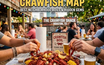 Crawfish boil featuring hands reaching for seafood, vibrant outdoor dining scene at The Crawfish Shack in Houston, Texas, highlighting local culinary experiences and hidden gems.