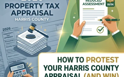 2026 Harris County property tax appraisal graphic featuring a gavel, stacked appraisal documents, and a hand holding a protest form, illustrating how to contest property tax assessments.