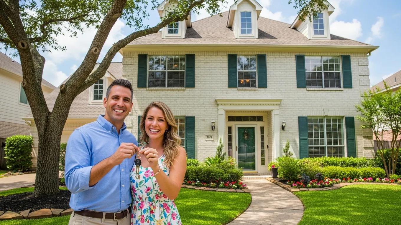 Happy couple celebrating homeownership in front of their new house in Houston