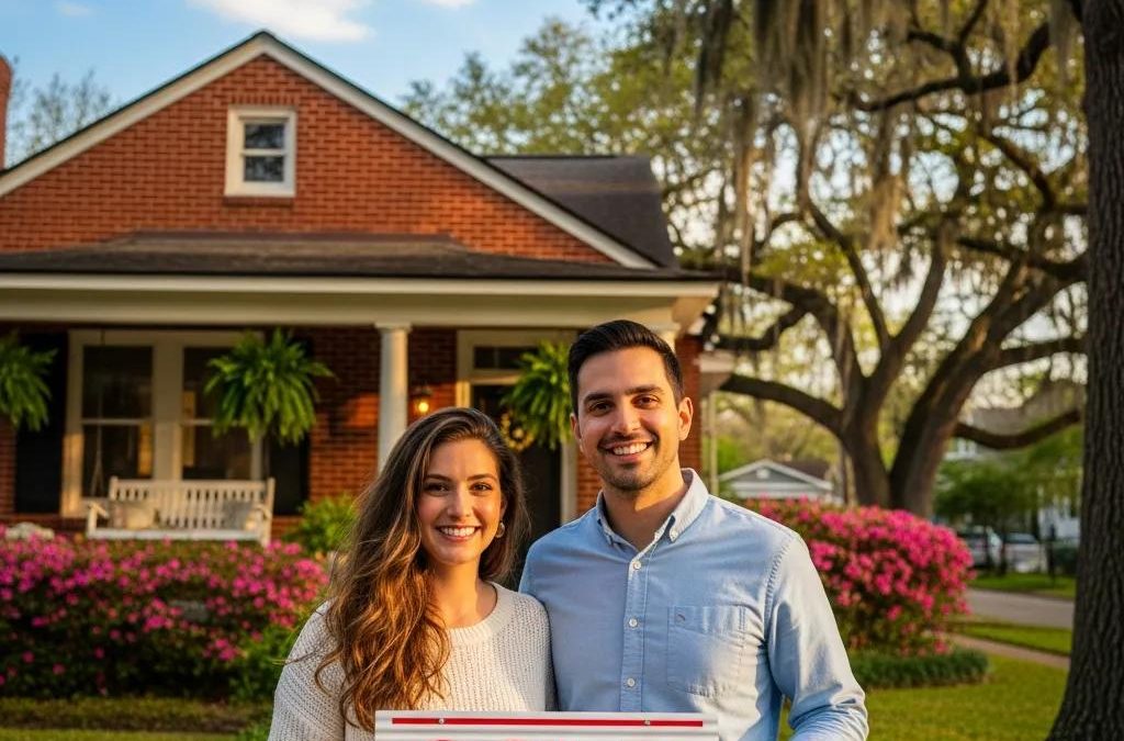 Happy couple in front of a sold home in Houston, symbolizing homeownership