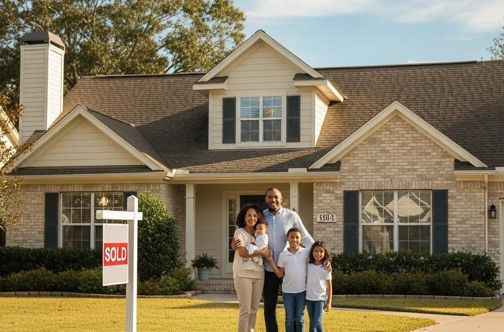 Happy family celebrating in front of their newly sold home in Houston, showcasing the benefits of cash home buyers.