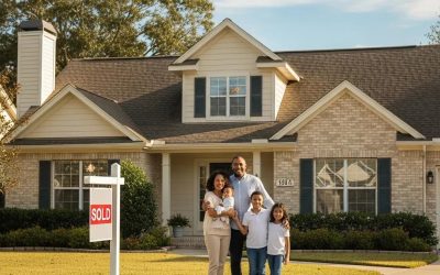 Happy family celebrating in front of their sold home in Houston, showcasing successful real estate transactions and the benefits of cash home buyers.