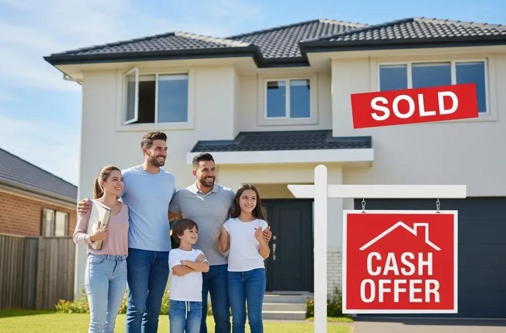 Happy family standing in front of a sold house with a cash offer sign, representing fast cash offers in Houston real estate.