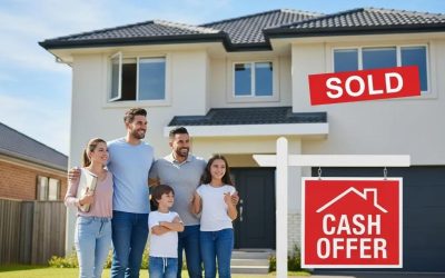 Happy family standing in front of a sold house with a cash offer sign, symbolizing fast cash offers in Houston real estate market.