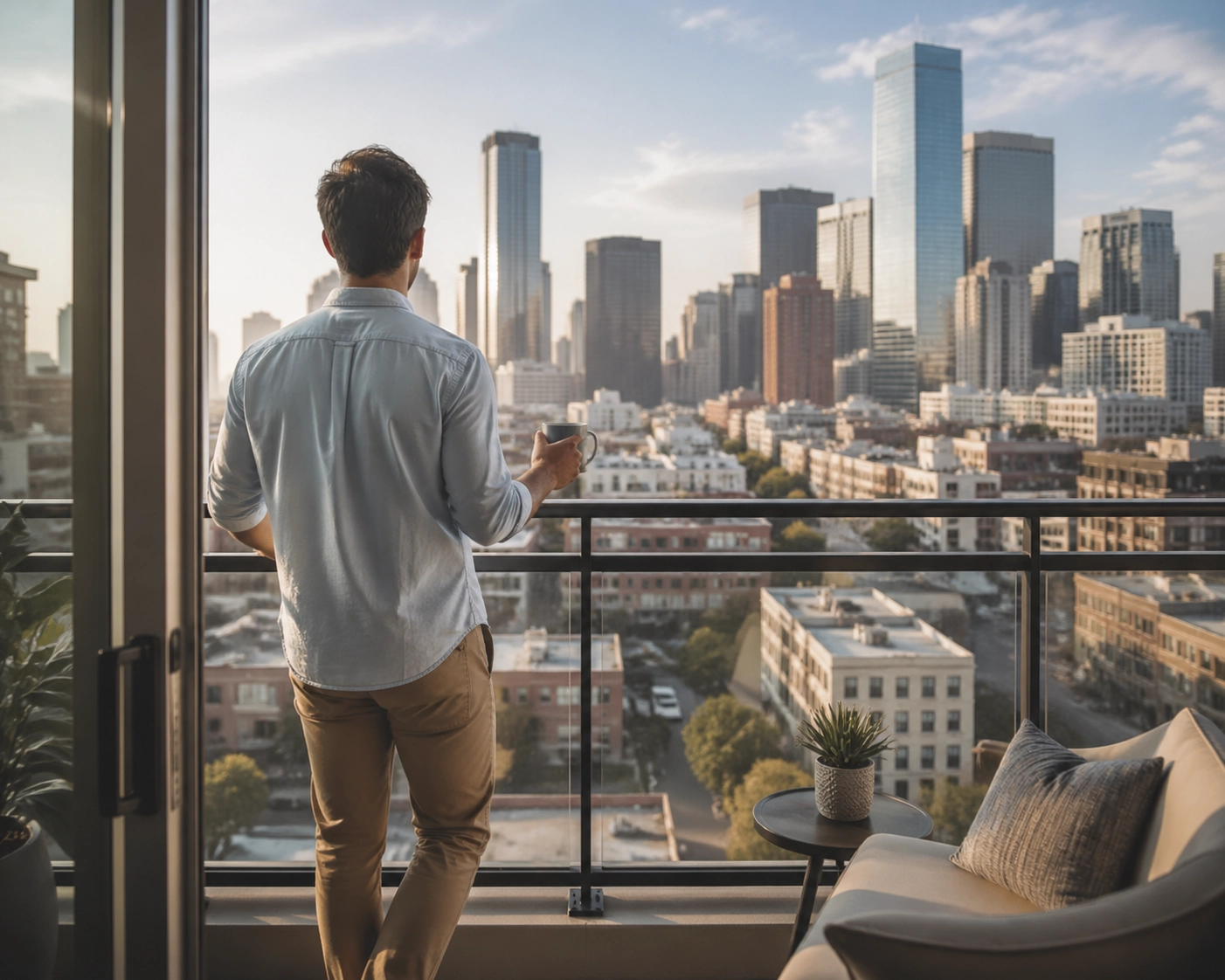 Young professional overlooking the downtown Houston skyline from a luxury rental apartment balcony.