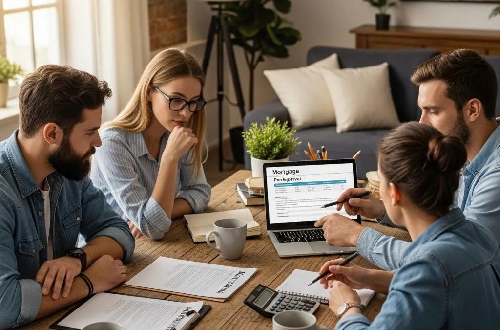 Homebuyers discussing mortgage pre-approval in a cozy setting, reviewing documents and a laptop displaying mortgage details, emphasizing the home loan process in Houston.