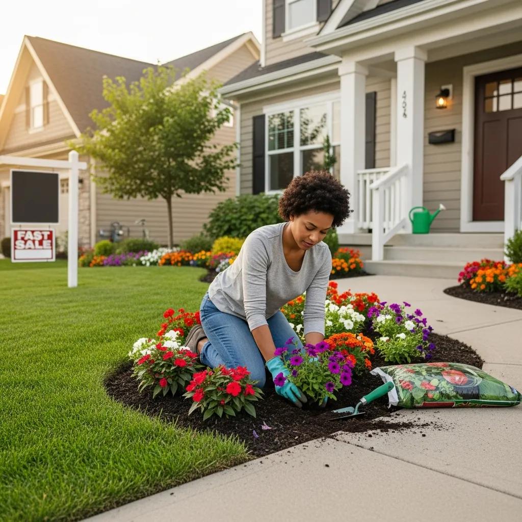 Homeowner enhancing curb appeal by planting colorful flowers in front yard, preparing for a fast cash sale in Houston.