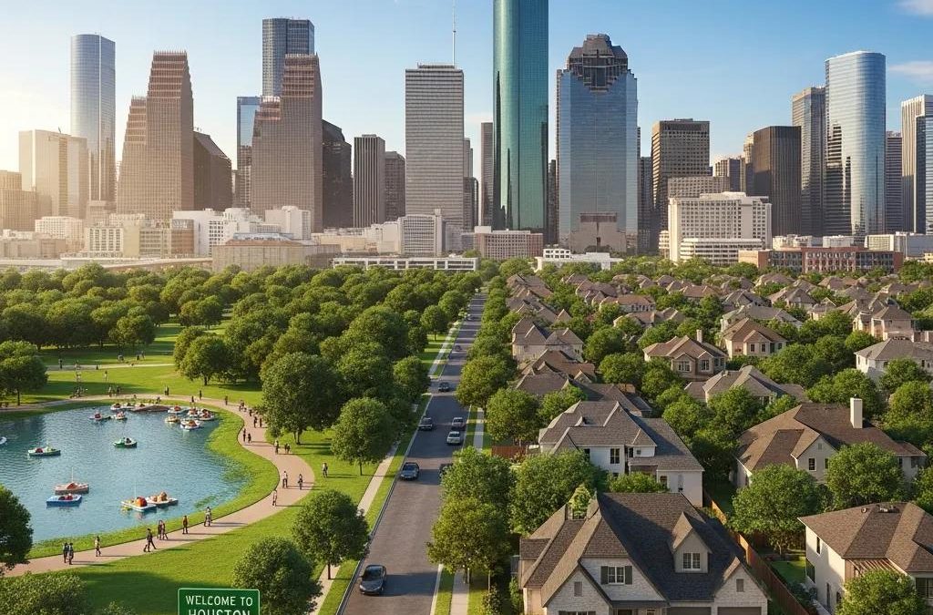 Houston cityscape with suburban neighborhoods, highlighting urban and suburban living options