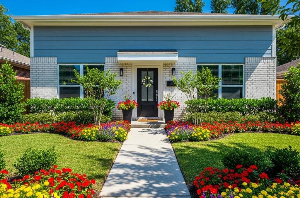 Houston home for sale featuring vibrant landscaping, inviting curb appeal, and a welcoming entrance.