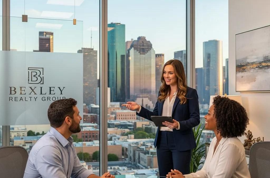 Houston skyline view with Bexley Realty Group agent assisting clients in modern office, emphasizing local market expertise and family-friendly neighborhoods.