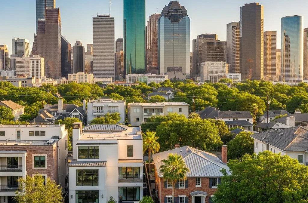 Houston skyline with modern residential homes and lush greenery, representing the real estate market and urban living in Houston.