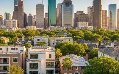 Houston skyline with luxury homes and residential properties, representing the real estate market and community living in the Greater Houston area.