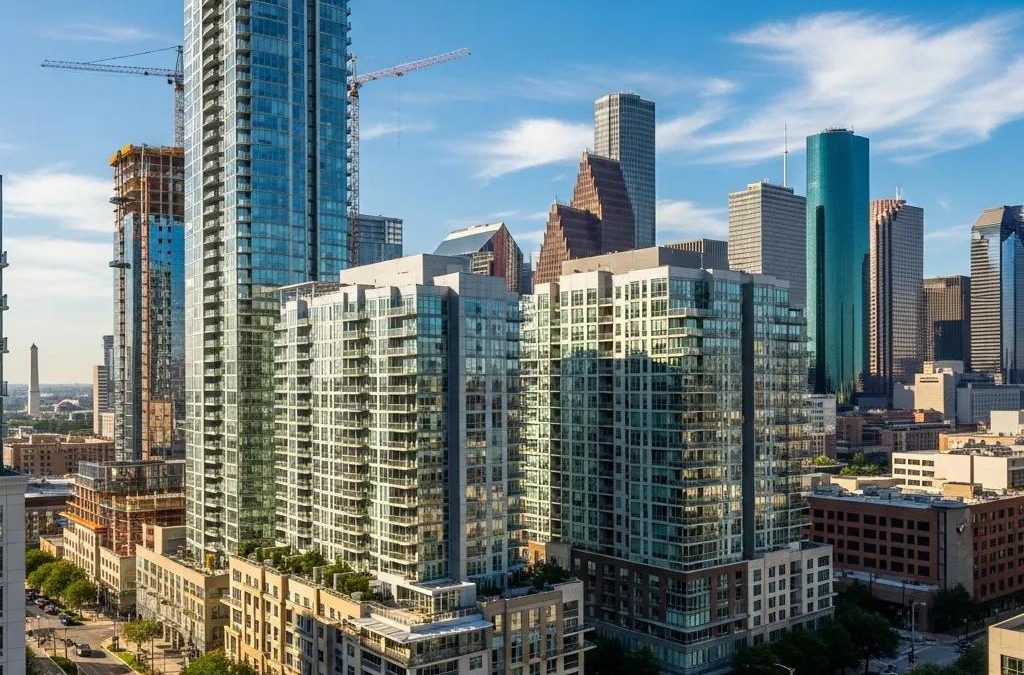 Houston skyline featuring modern residential buildings and construction, illustrating the dynamic real estate market and family-friendly neighborhoods.