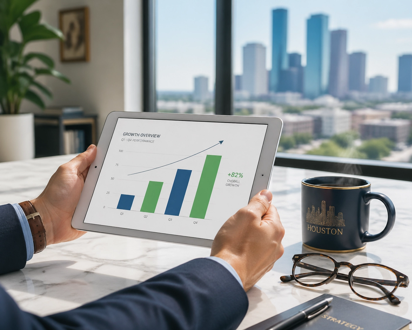 Strategic growth chart on a tablet with the Houston city skyline in the background.