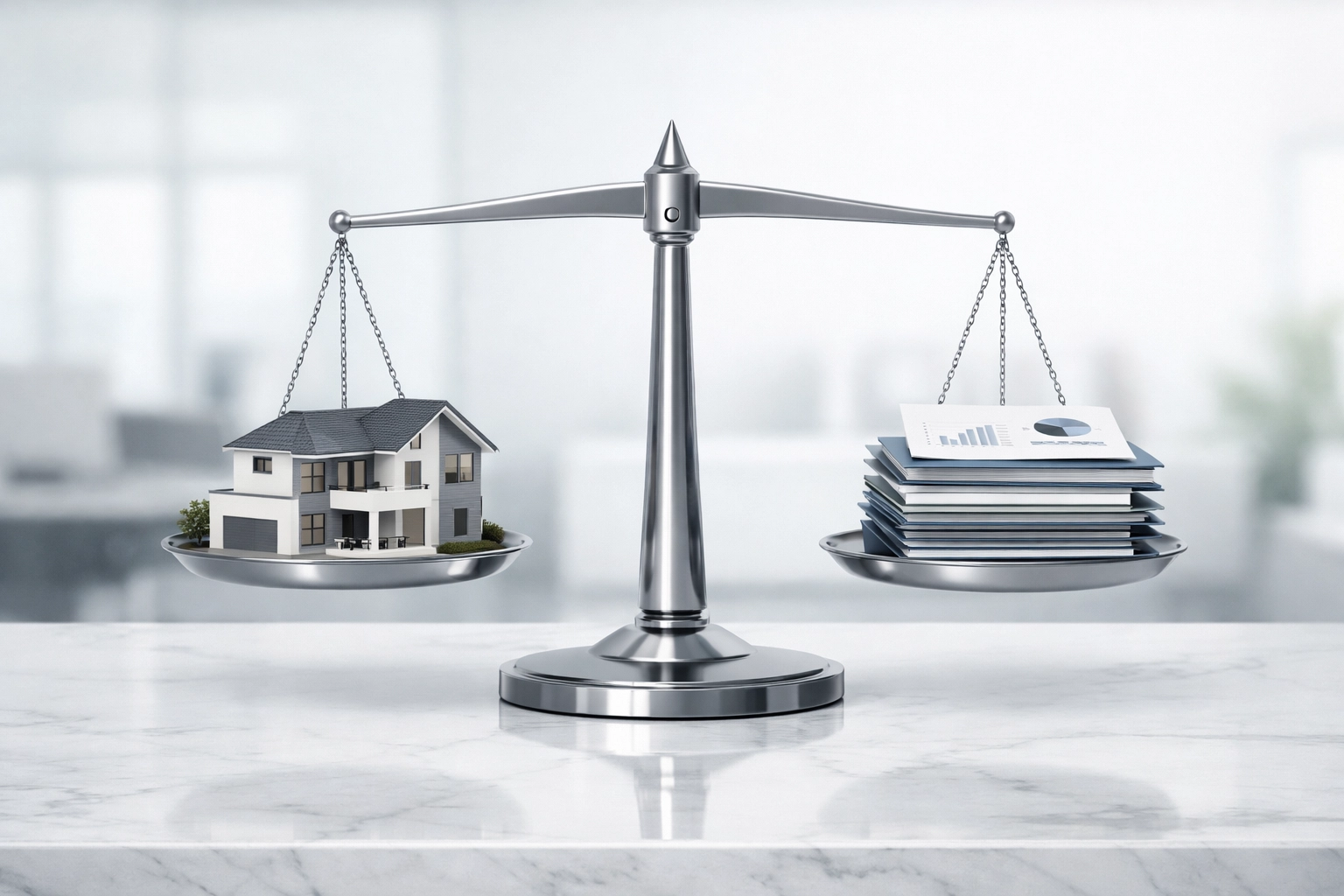 A balance scale weighing a house model against appraisal documents for Houston property taxes.