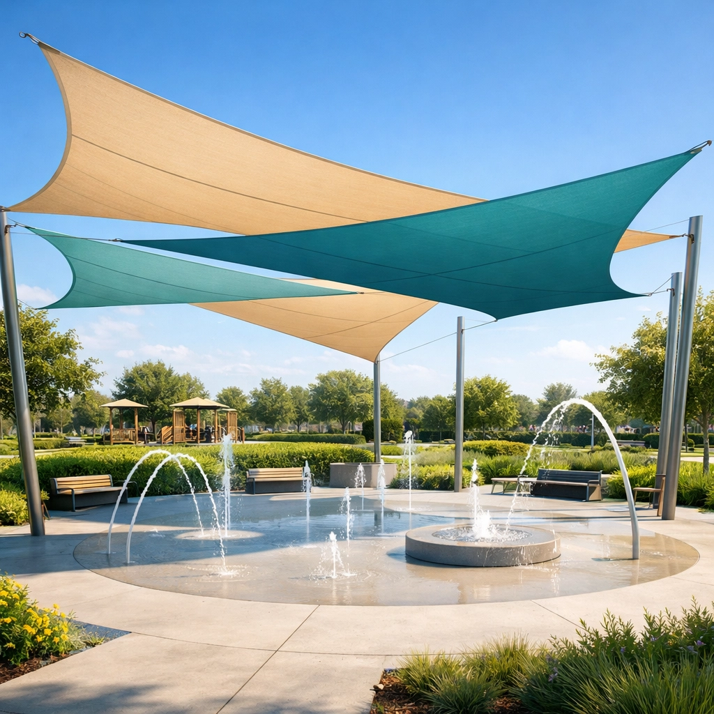 Community splash pad with shade structures, water fountains, and nearby playground, emphasizing family-friendly amenities in Houston neighborhoods.