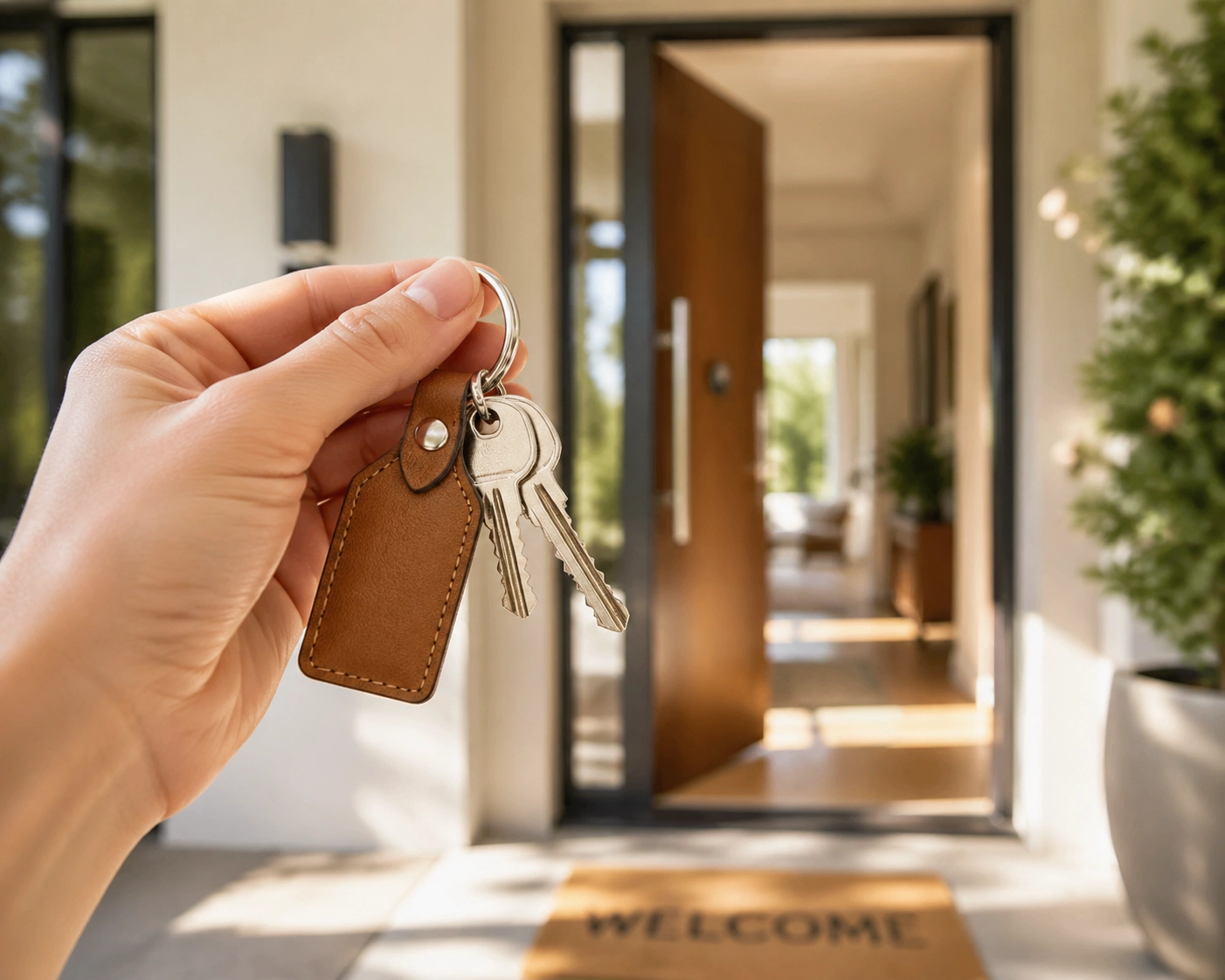 Close-up of new house keys with an open front door, symbolizing homeownership in a balanced market.