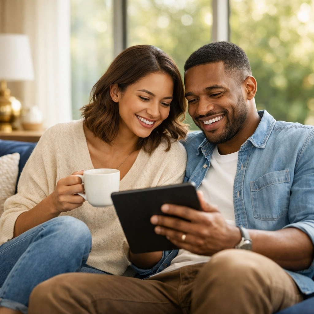 A happy couple relaxes in a modern Houston home while browsing real estate options on a tablet.