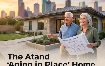 Couple discussing home plans for 'Aging in Place' in front of modern house with Houston skyline in background, emphasizing senior housing solutions in real estate market.