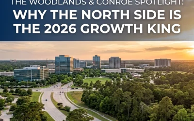 The Woodlands and Conroe skyline with modern buildings and green landscape, highlighting real estate growth trends in 2026.