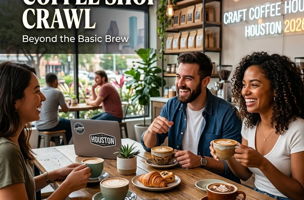 Friends enjoying coffee and pastries in a cozy café setting, with "Coffee Shop Crawl" and "Beyond the Basic Brew" text overlay, highlighting Houston's vibrant coffee culture.
