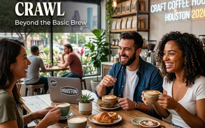 Three friends enjoying coffee and pastries in a Houston café, with a laptop displaying a "Houston" sticker, highlighting the 2026 Coffee Shop Crawl event.