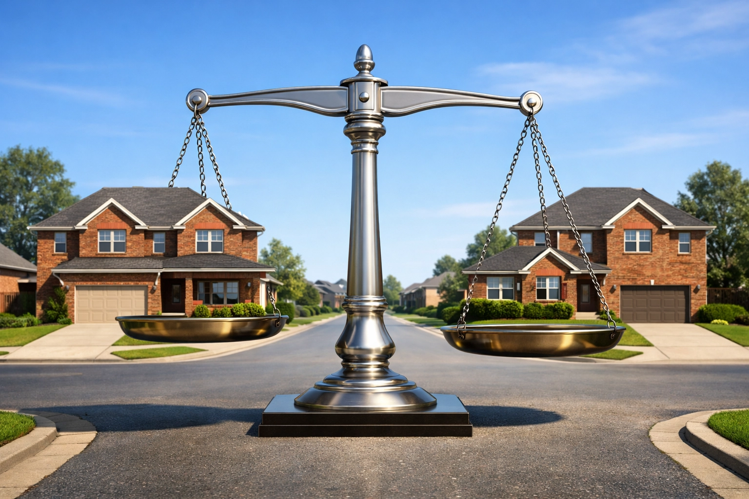 Two identical suburban houses on a balancing scale representing unequal property tax appraisal in Houston.