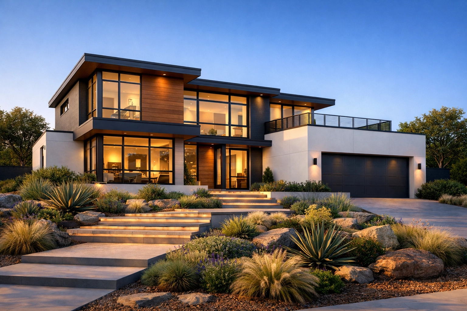 Modern two-story home with large windows, landscaped front yard, and stone pathway, representing contemporary housing options for first-time buyers in Houston.