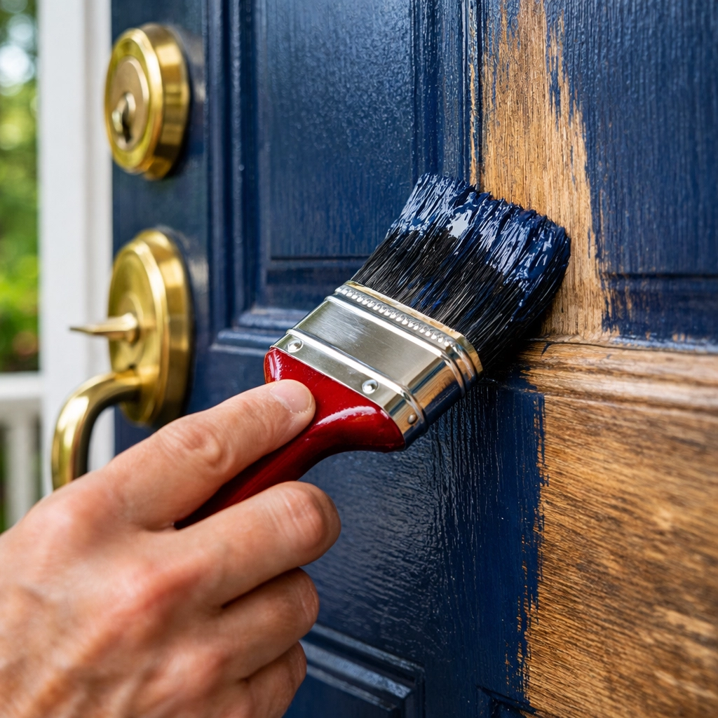 Homeowner painting a front door navy blue to update home aesthetics and curb appeal.
