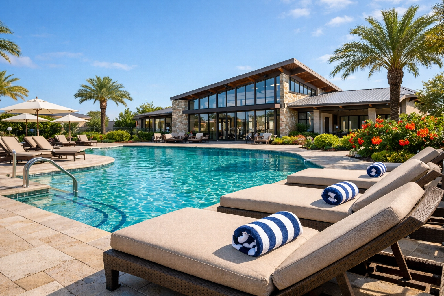 Neighborhood pool at Copperfield Place Village, featuring a spacious swimming area, lounge chairs with striped towels, and a modern clubhouse surrounded by palm trees and vibrant landscaping.