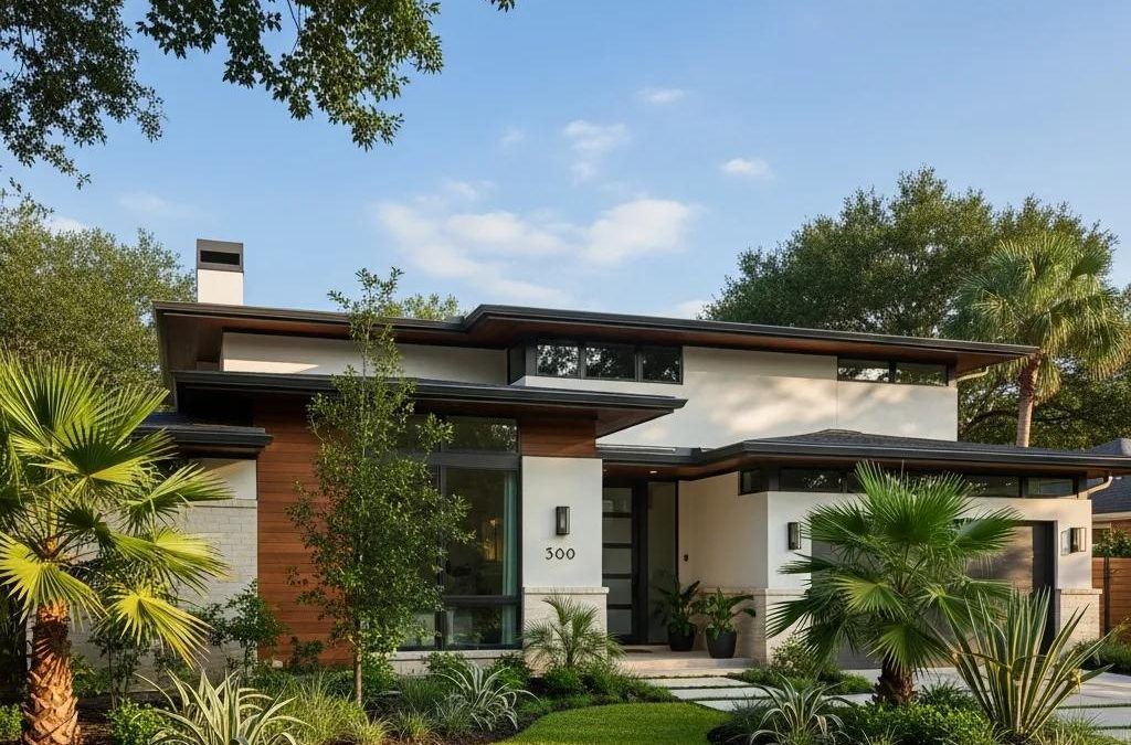 Modern Houston home exterior with landscaped yard, showcasing home valuation and pricing strategies.
