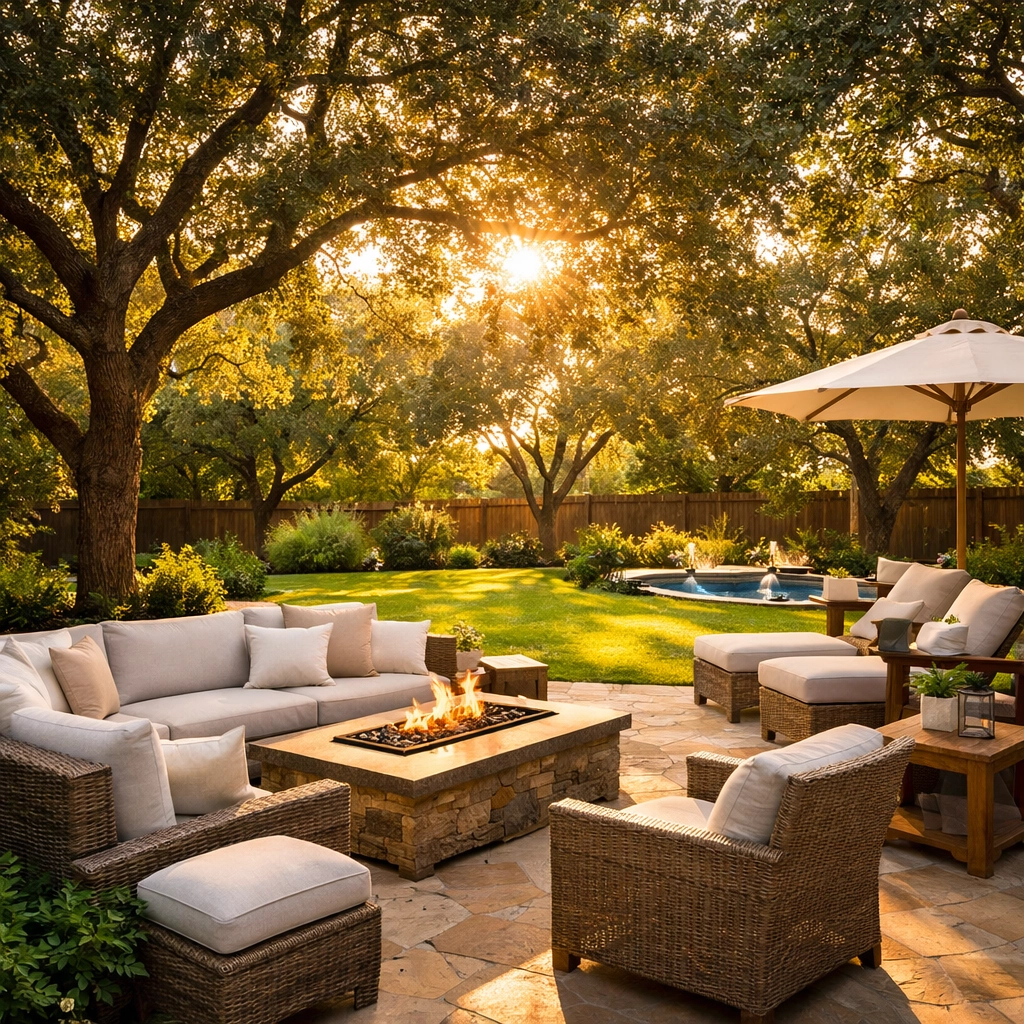Private backyard patio and lush lawn in a Katy, Texas suburban single-family neighborhood.