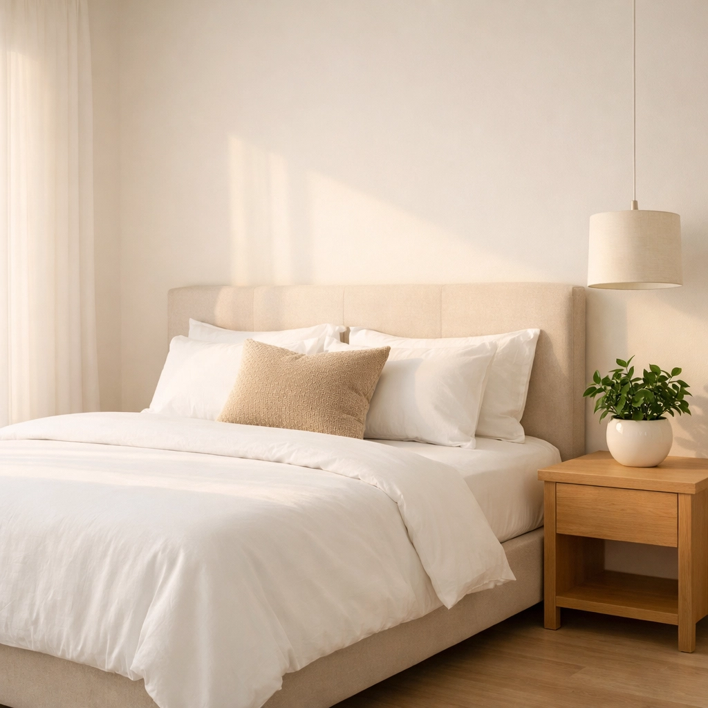 Clean, decluttered master bedroom staged with white linens to attract Houston home buyers.