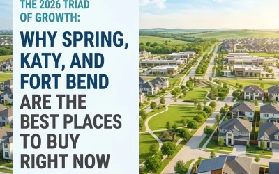 Aerial view of suburban neighborhoods in Spring, Katy, and Fort Bend, Texas, with green spaces and homes, highlighting the best places to buy real estate in 2026.