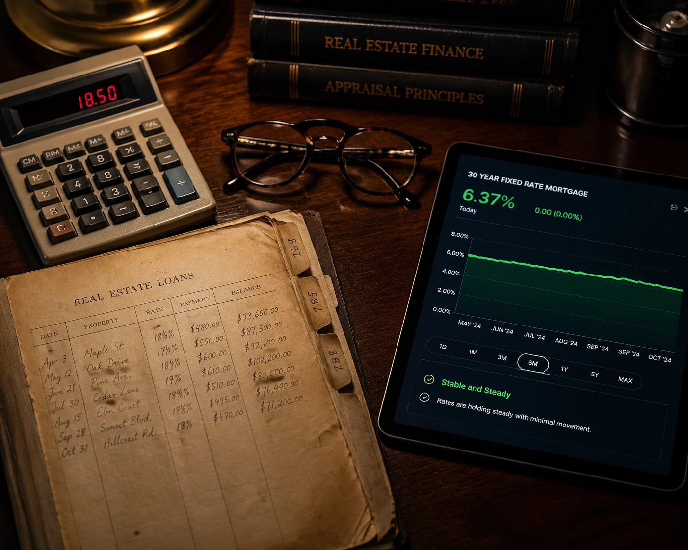 Comparison of historical mortgage rates and 6 percent market stability on a modern digital tablet.