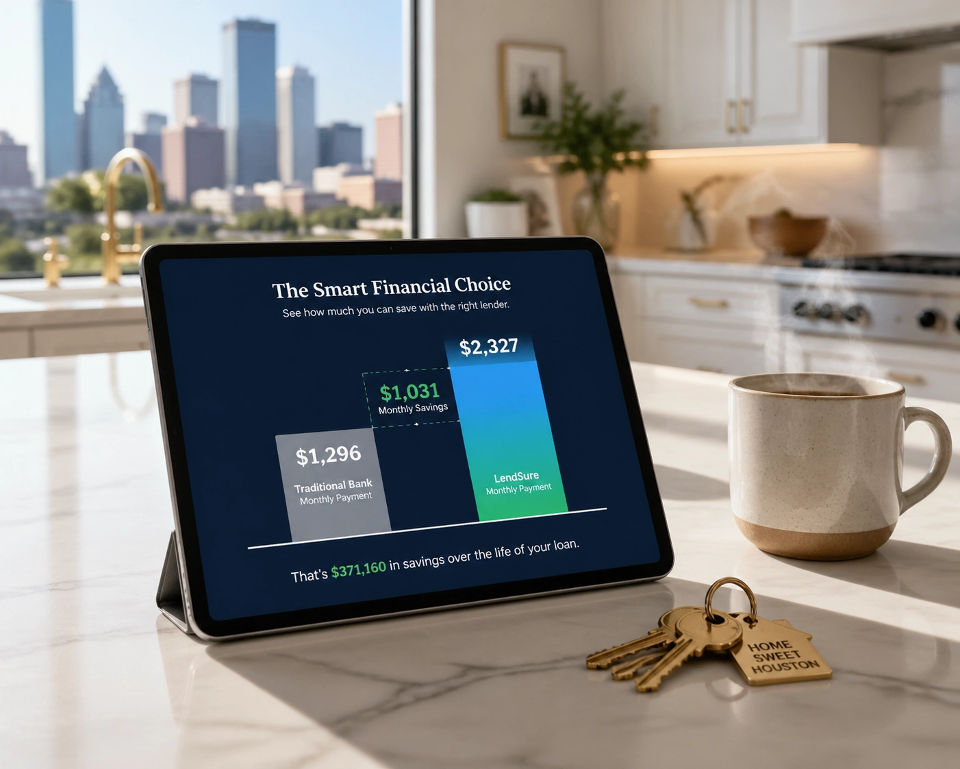 Digital tablet showing mortgage savings and home keys on a luxury Houston kitchen island.